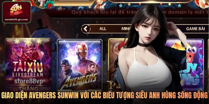 Giao diện Avengers SUNWIN với các biểu tượng siêu anh hùng sống động